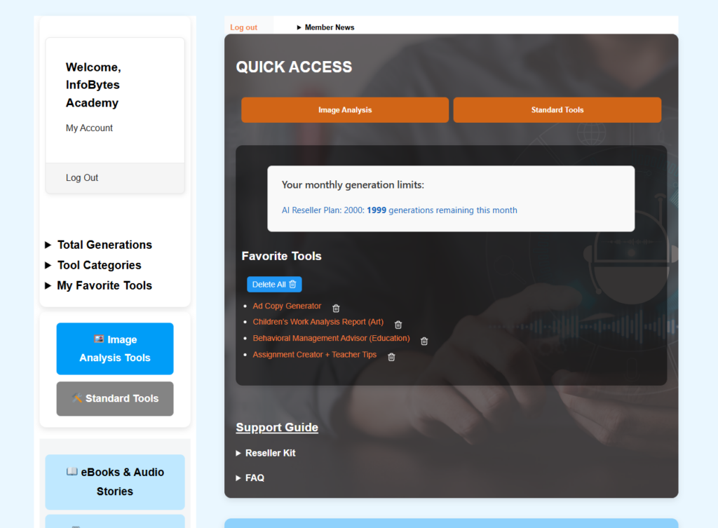 AI tool dashboard from InfoBytes AI, designed to support education, wellness, business, productivity, and personal growth through the AI Reseller Plans.